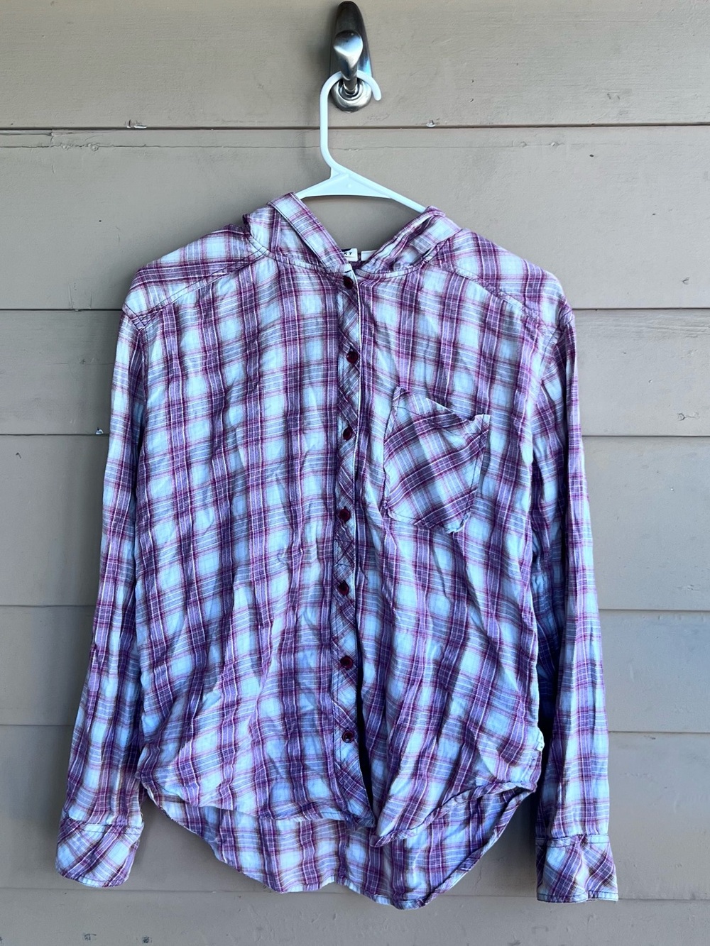 Roxy Plaid Hooded Button Down Shirt Women Small Red Gray Fall Cozy P472695